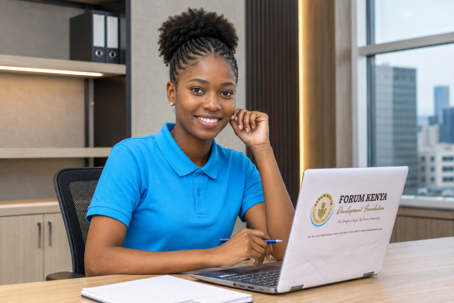 A woman in a blue Forum Kenya shirt seated at a branded laptop